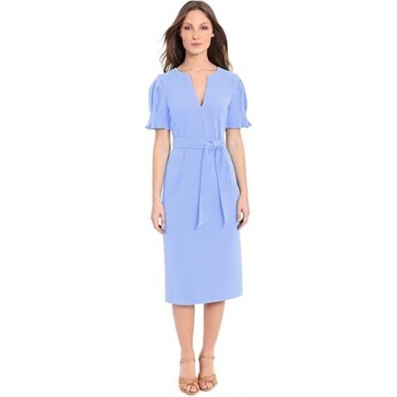 Donna Morgan Puff Sleeve Tie Waist Midi Sheath Dress Easter Egg Blue Size 2 NWT - Picture 1 of 12